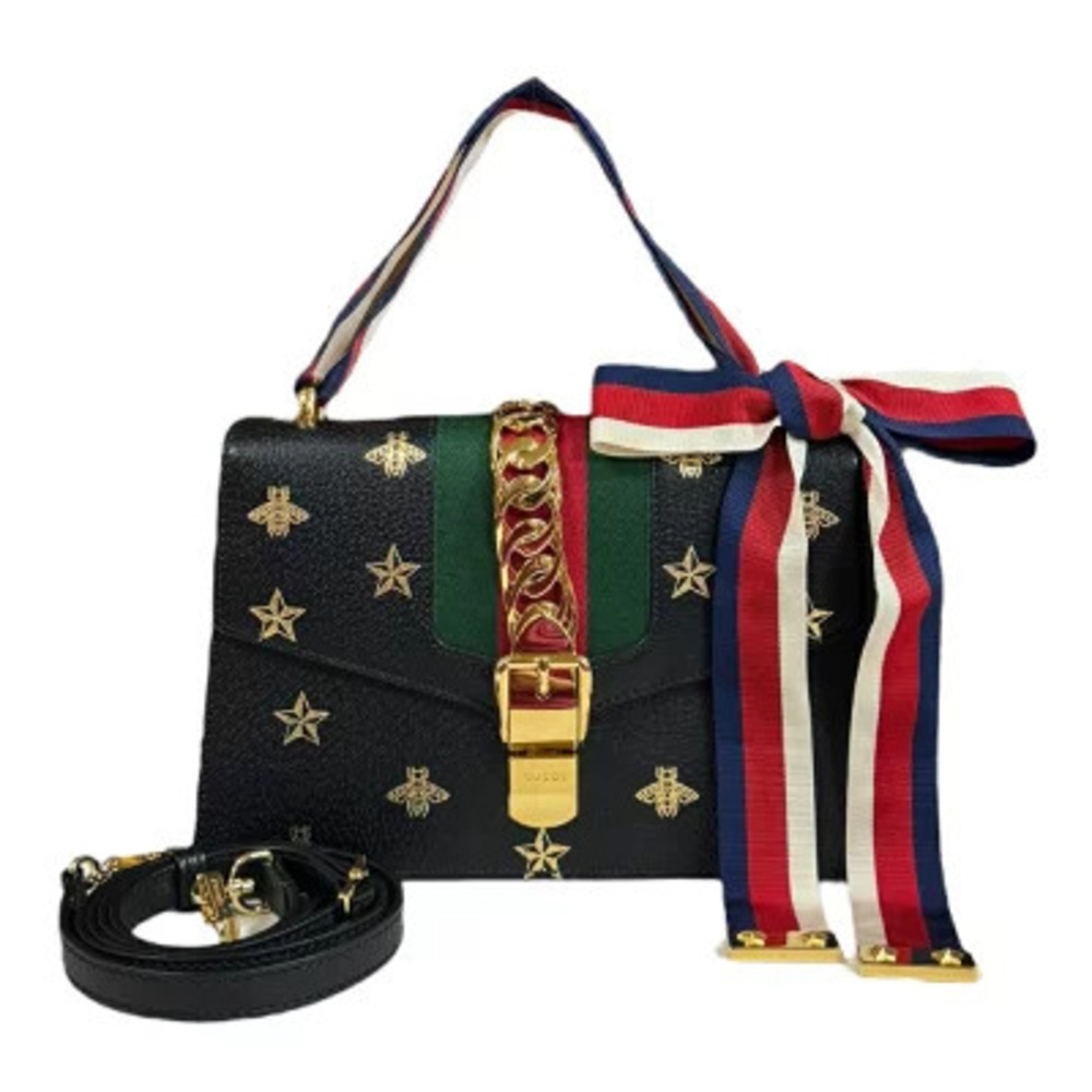 Gucci Bee Star Shoulder Bag Sylvie Leather Black